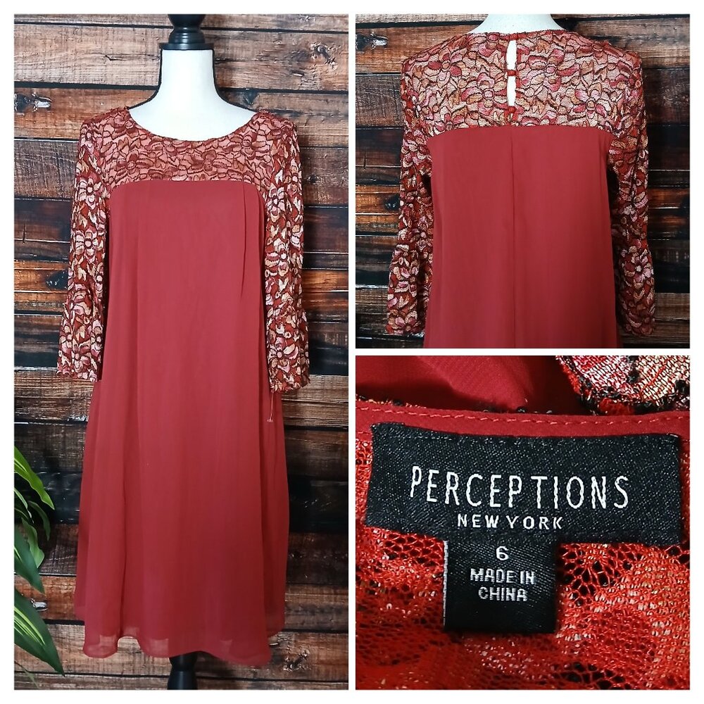 Perceptions New York Dress Size 6 Shift Lace Top Cropped Bell Cuff Sleeves Lined